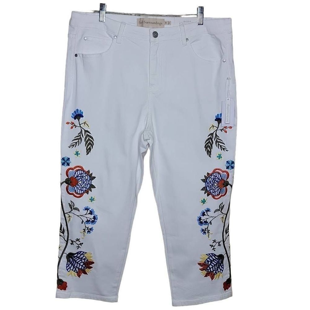 Soft Surroundings Embellished Floral 5 Pocket Straight Leg Crop Jeans 18 Petitie